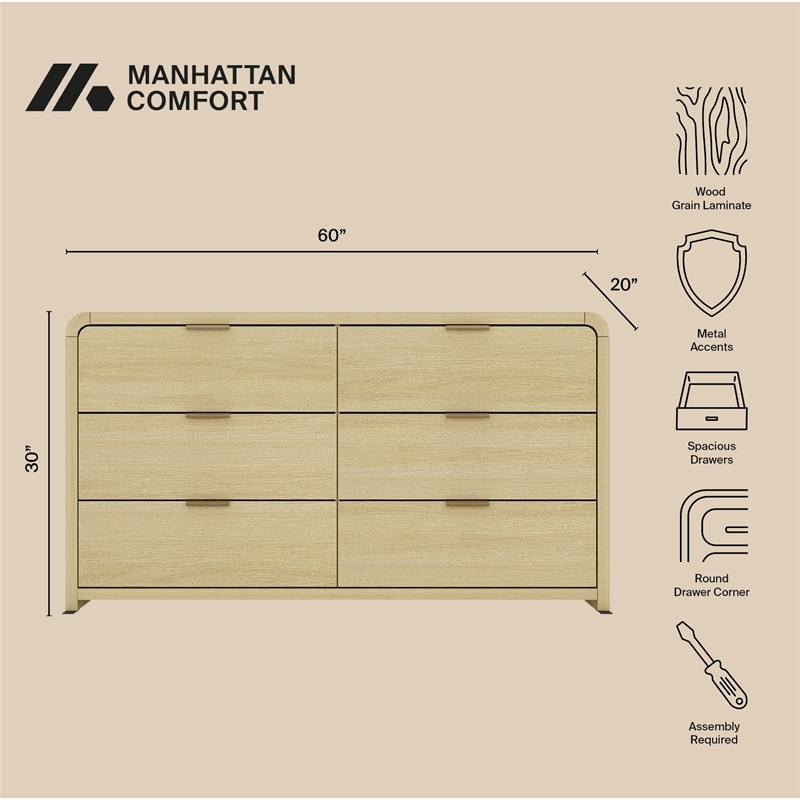 Grace Modern 3-Piece Dresser and Nightstand in Natural Oak and Gold