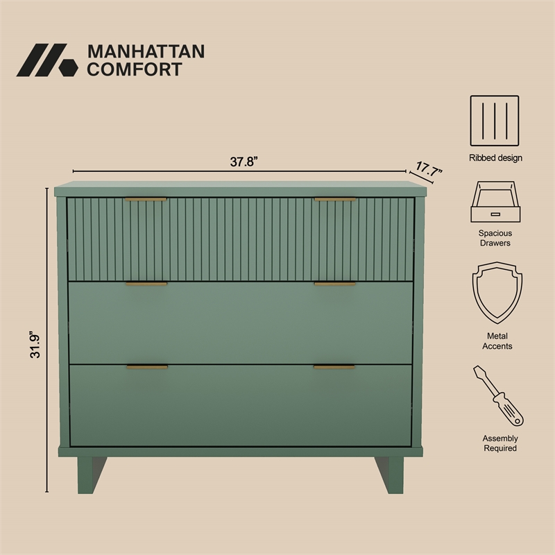 Elara Contemporary 3-Piece Dresser and Nightstand in Sage Green