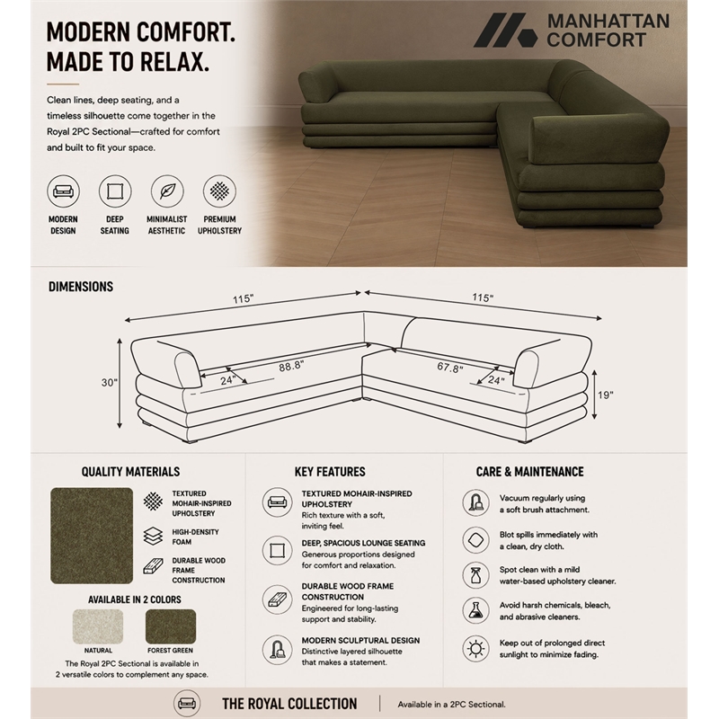Royal Contemporary Modern 2-Piece Sectional in Green
