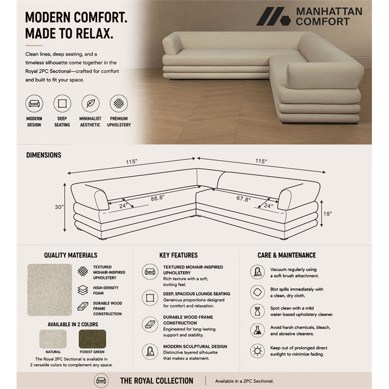 Royal Contemporary Modern 2-Piece Sectional in Natural