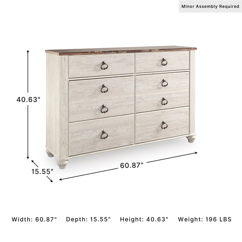 Ashley Furniture Willowton 6 Drawer Double Dresser in Whitewash