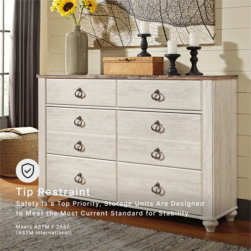 Ashley Furniture Willowton 6 Drawer Double Dresser in Whitewash
