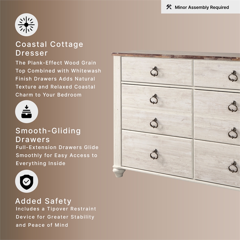 Ashley Furniture Willowton 6 Drawer Double Dresser in Whitewash