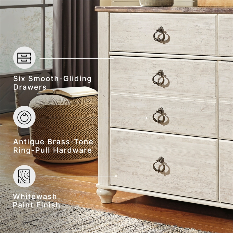 Ashley Furniture Willowton 6 Drawer Double Dresser in Whitewash