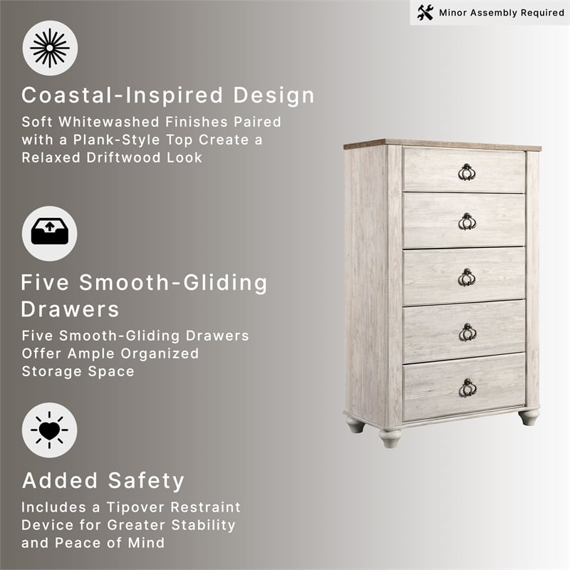 Ashley Furniture Willowton Wood 5 Drawer Chest in White Finish