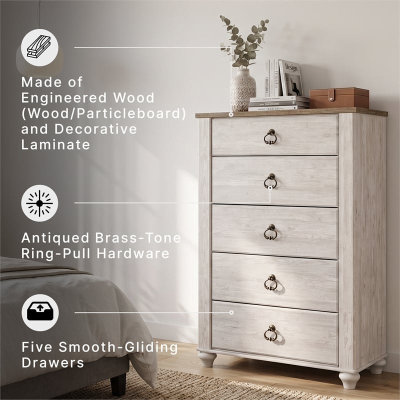 Ashley Furniture Willowton Wood 5 Drawer Chest in White Finish