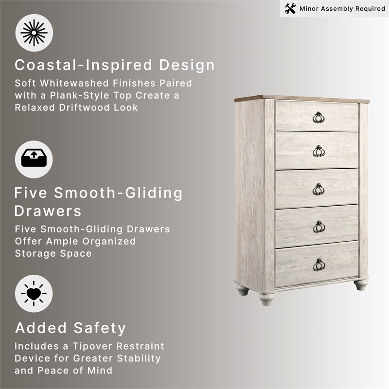 Ashley Furniture Willowton Wood 5 Drawer Chest in White Finish