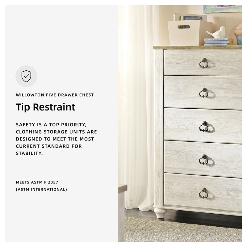 Ashley Furniture Willowton Wood 5 Drawer Chest in White Finish