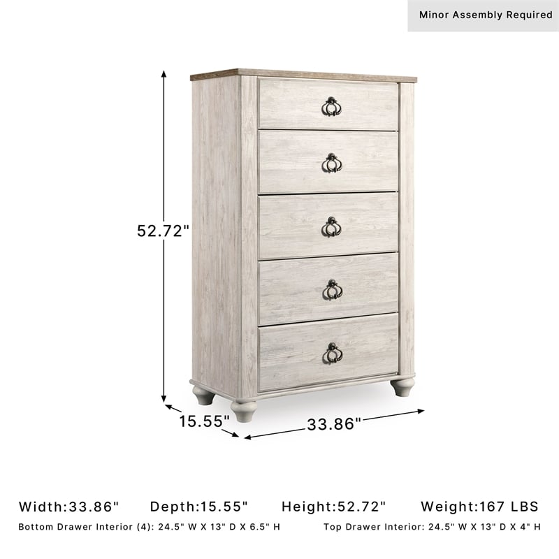 Ashley Furniture Willowton Wood 5 Drawer Chest in White Finish