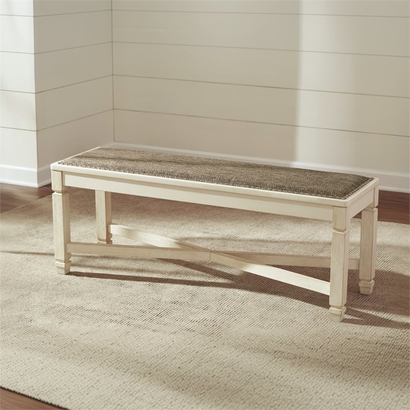 Ashley Bolanburg Large Upholstered Dining Bench in White and Brown