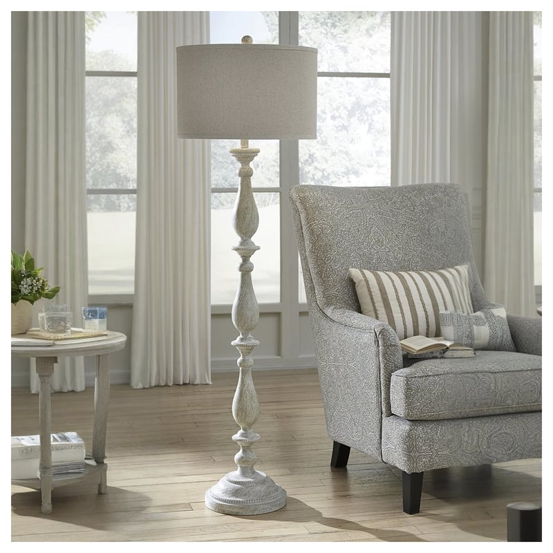 Ashley Furniture Bernadate Cast Resin Floor Lamp w/Fabric Shade in White Wash