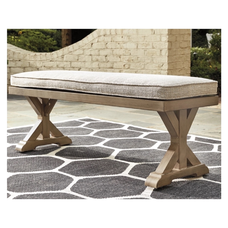 Ashley Furniture Beachcroft Outdoor Bench with Nuvella Fabric Cushion in Beige
