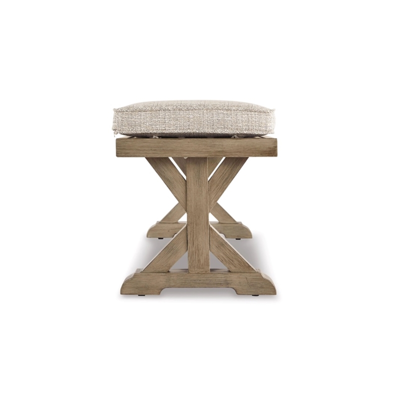 Ashley Furniture Beachcroft Outdoor Bench with Nuvella Fabric Cushion in Beige