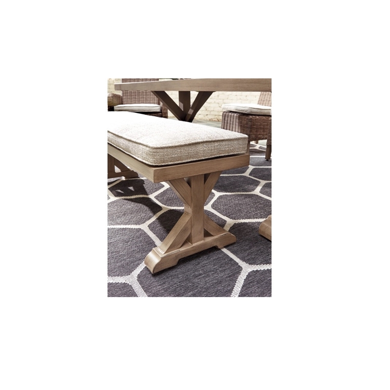 Ashley Furniture Beachcroft Outdoor Bench with Nuvella Fabric Cushion in Beige