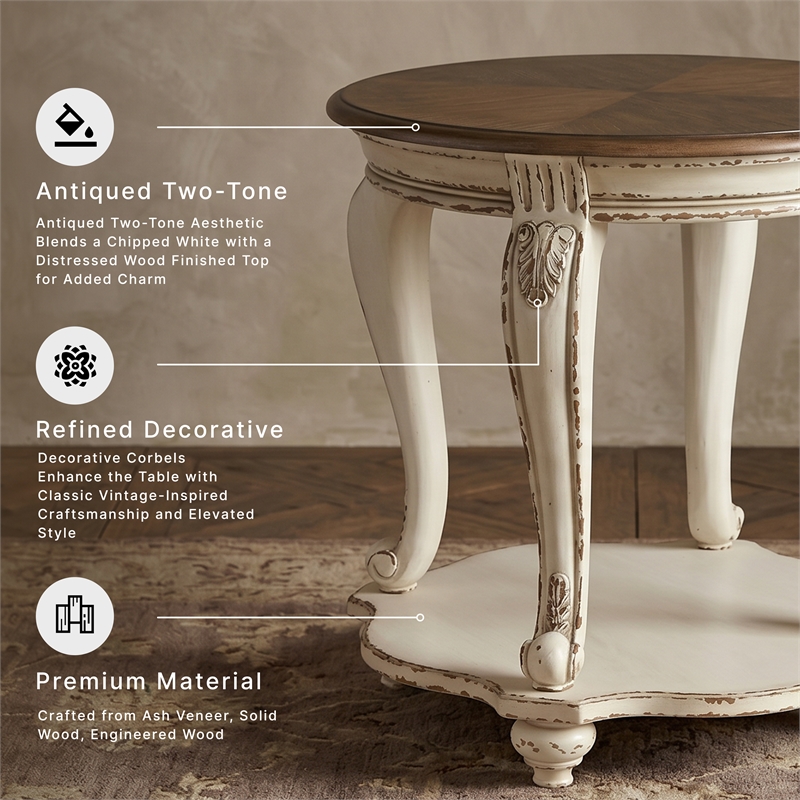 Signature Design by Ashley Realyn Round End Table in Chipped White and Brown