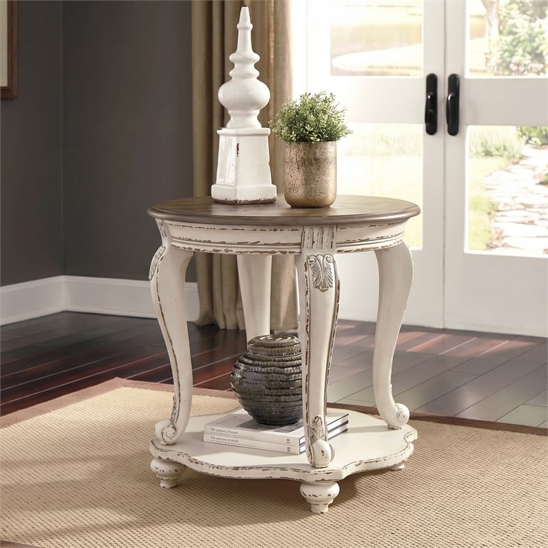 Signature Design by Ashley Realyn Round End Table in Chipped White and Brown
