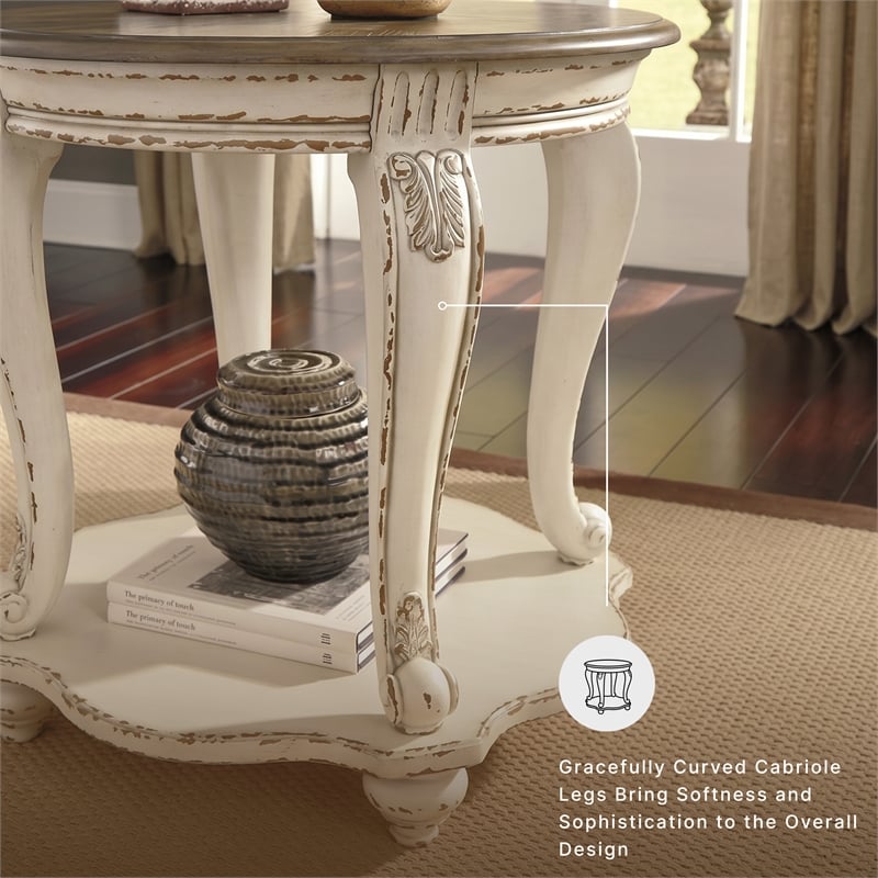 Signature Design by Ashley Realyn Round End Table in Chipped White and Brown