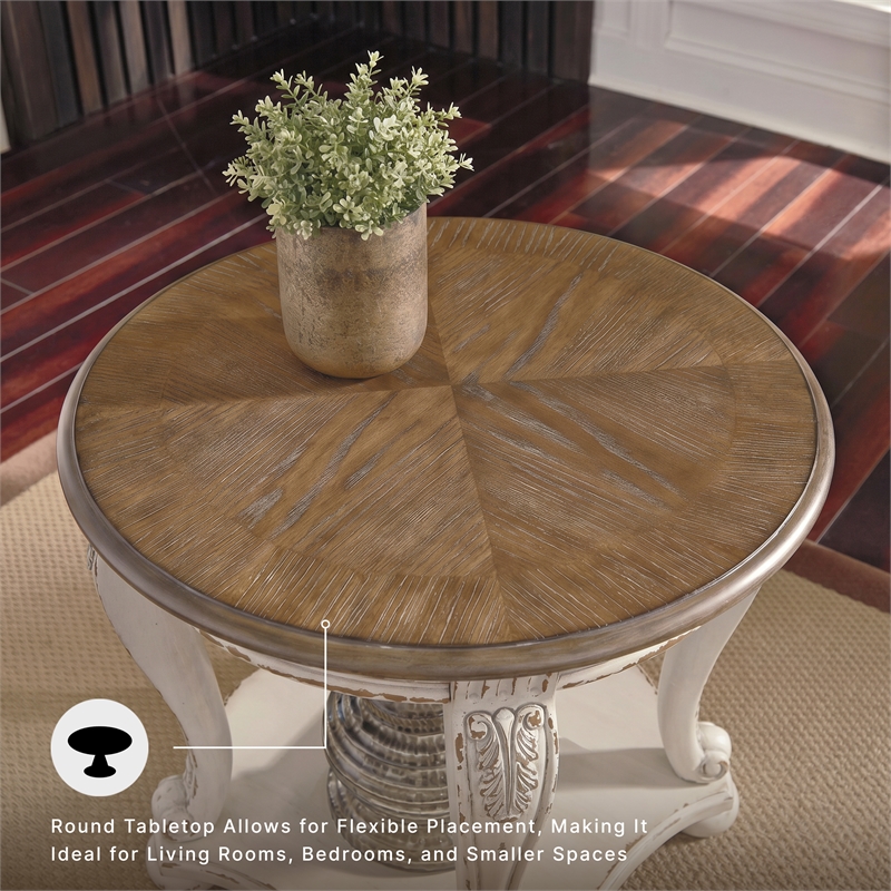 Signature Design by Ashley Realyn Round End Table in Chipped White and Brown