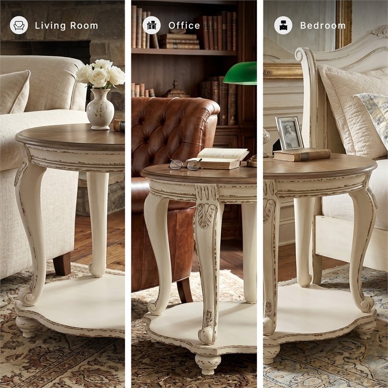 Signature Design by Ashley Realyn Round End Table in Chipped White and Brown
