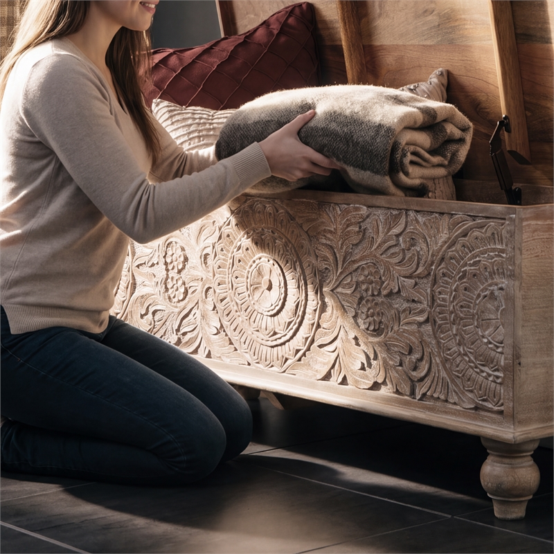 Ashley Fossil Modern Wood Ridge Storage Bench in Antique White and Brown