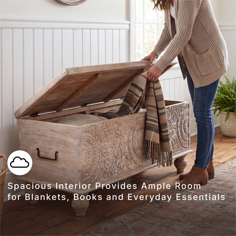 Ashley Fossil Modern Wood Ridge Storage Bench in Antique White and Brown