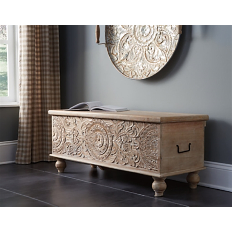 Ashley Fossil Modern Wood Ridge Storage Bench in Antique White and Brown