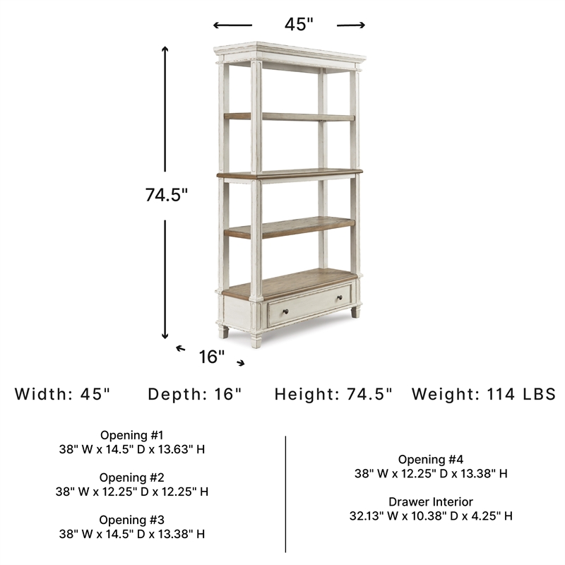 Signature Design by Ashley Realyn 4 Shelf Bookcase in Antique White and Brown
