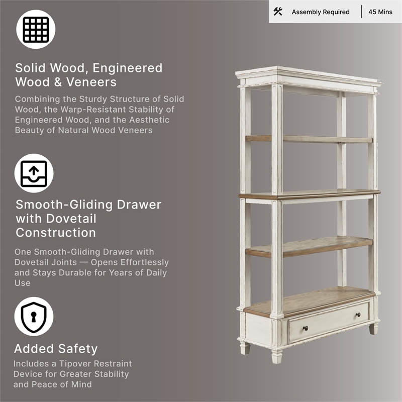Signature Design by Ashley Realyn 4 Shelf Bookcase in Antique White and Brown