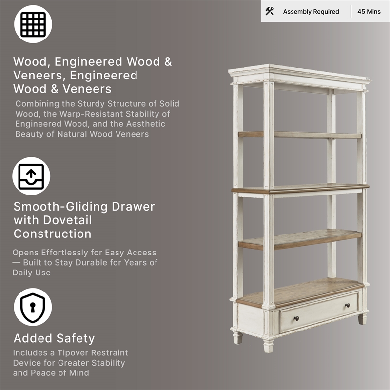 Signature Design by Ashley Realyn 4 Shelf Bookcase in Antique White and Brown