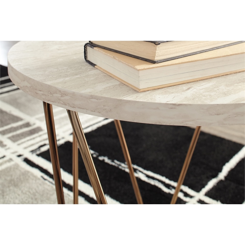 Ashley Furniture Tarica 3 Piece Faux Marble Top Accent Coffee Table Set in Gold