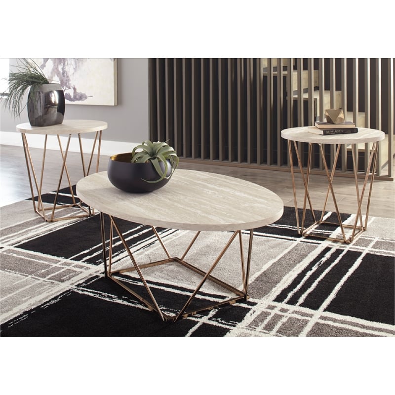 Ashley Furniture Tarica 3 Piece Faux Marble Top Accent Coffee Table Set in Gold