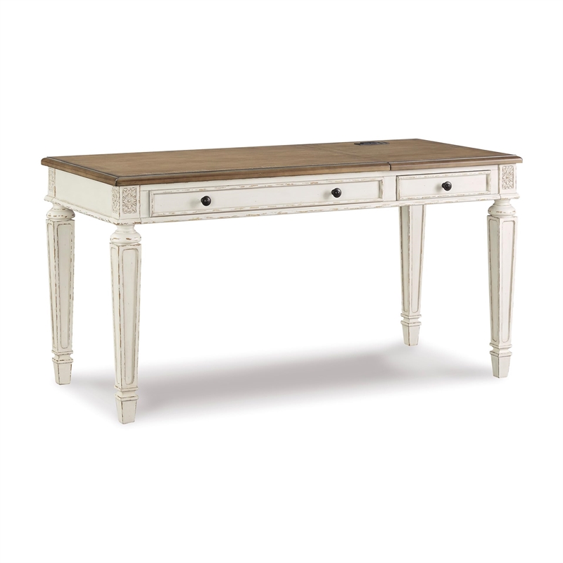 Ashley Furniture Realyn 2 Drawer Lift Top Writing Desk in White and Brown