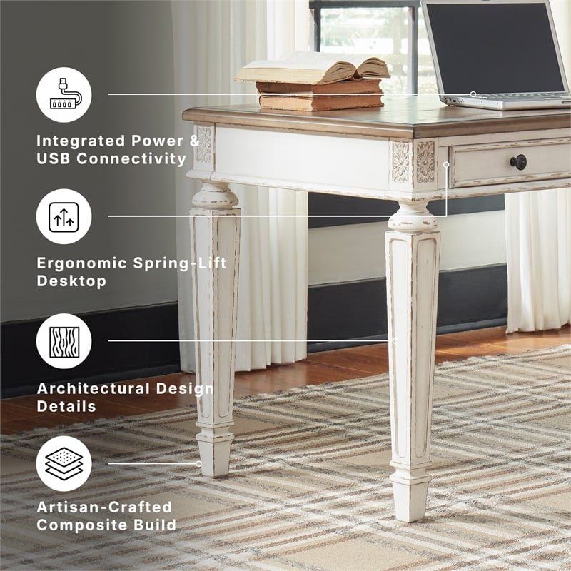 Ashley Furniture Realyn 2 Drawer Lift Top Writing Desk in White and Brown