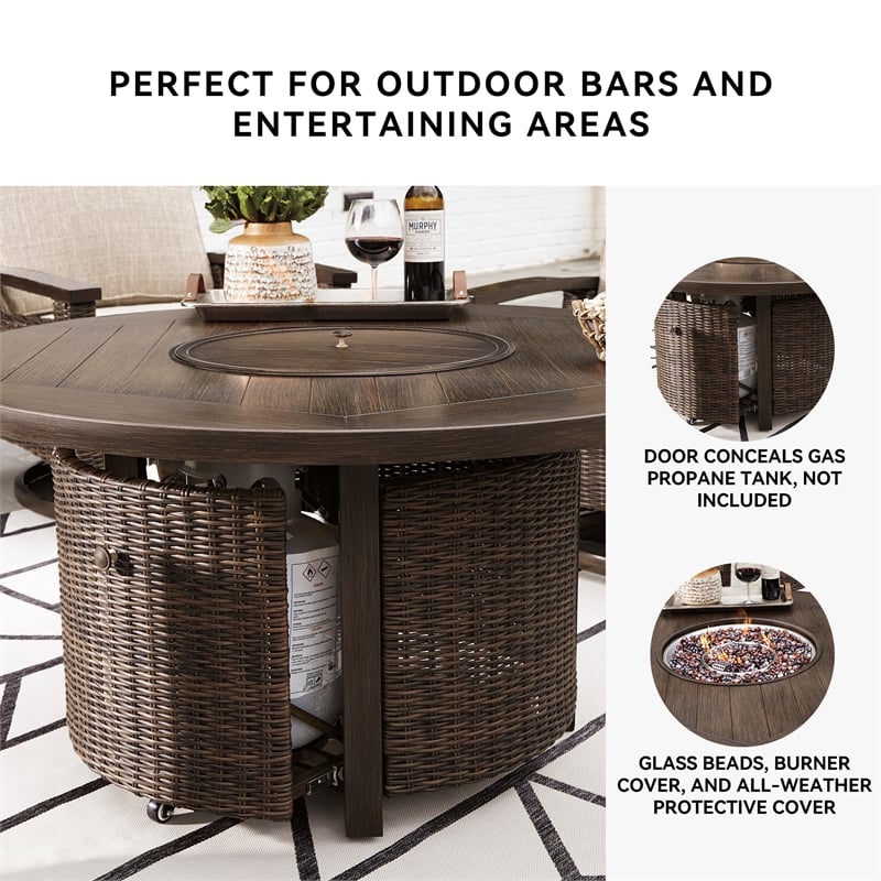 Signature Design by Ashley Paradise Trail Round Fire Pit Table in Medium Brown