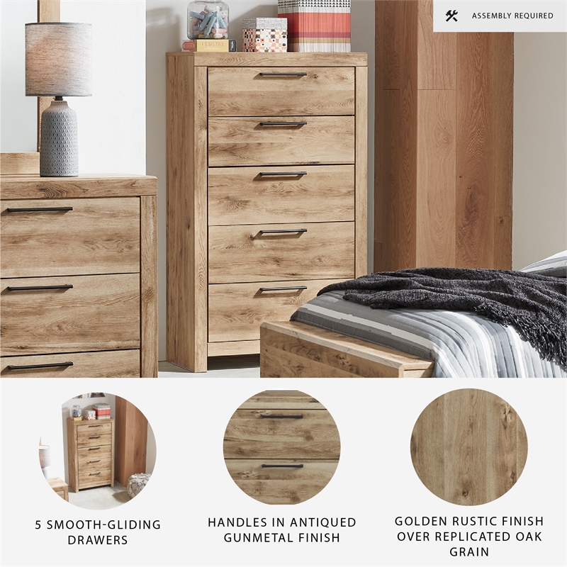 Ashley Furniture Hyanna 5-Drawer Wood Chest in Tan/Golden Rustic