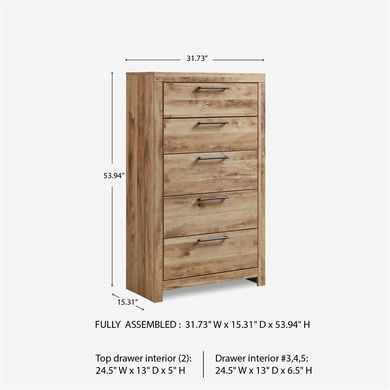 Ashley Furniture Hyanna 5-Drawer Wood Chest in Tan/Golden Rustic