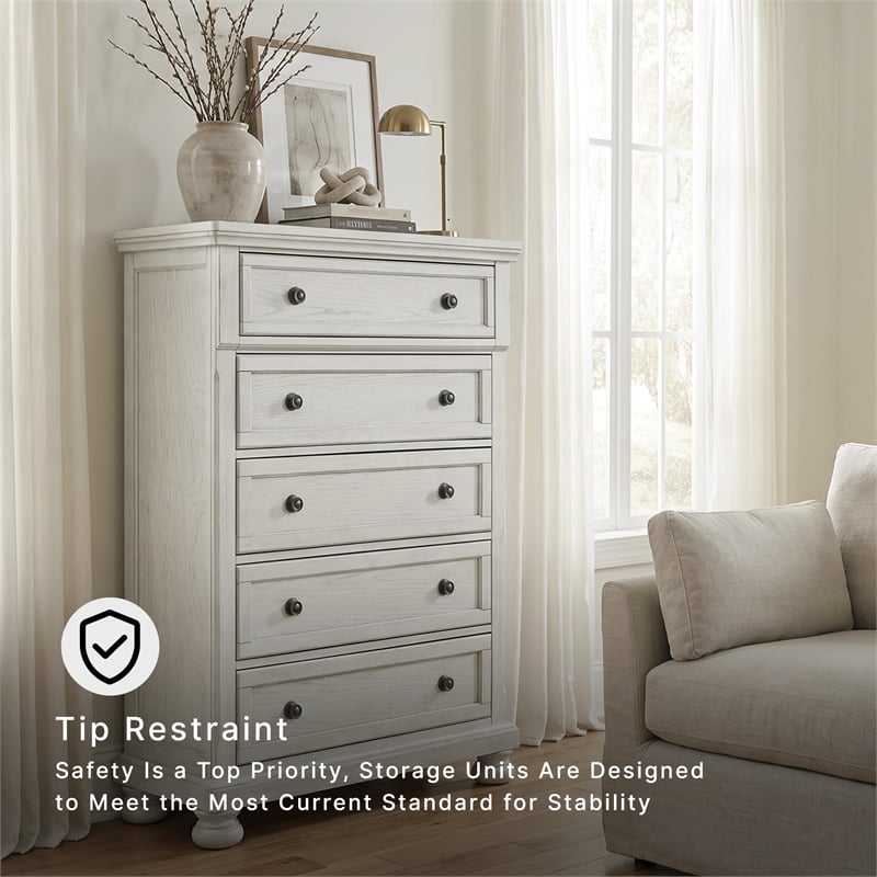 Ashley Furniture Robbinsdale 5-Drawer Wood Chest in Antiqued White