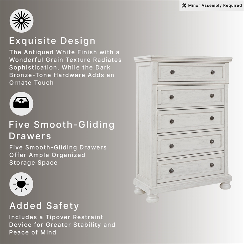 Ashley Furniture Robbinsdale 5-Drawer Wood Chest in Antiqued White