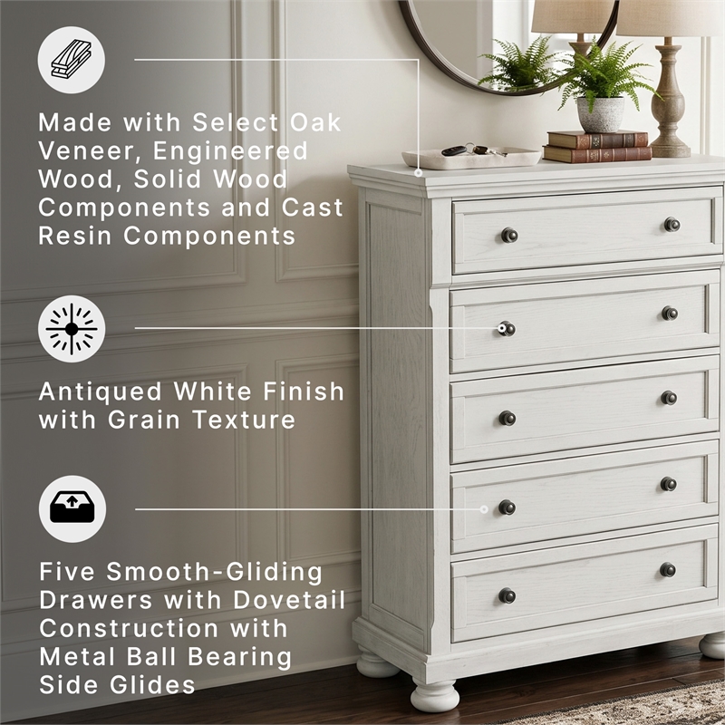 Ashley Furniture Robbinsdale 5-Drawer Wood Chest in Antiqued White