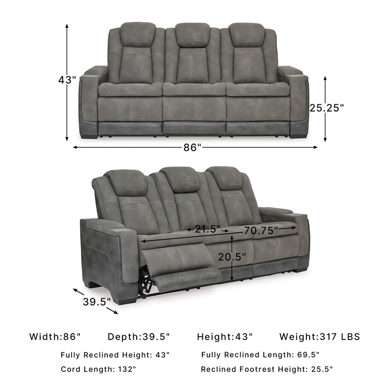 Ashley Furniture Next-Gen DuraPella Faux Leather Power Reclining Sofa in Gray
