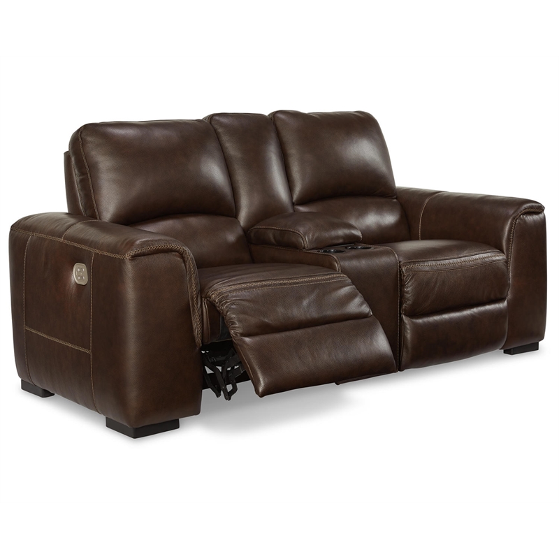 Signature Design by Ashley Alessandro Leather Power Reclining Loveseat in Walnut