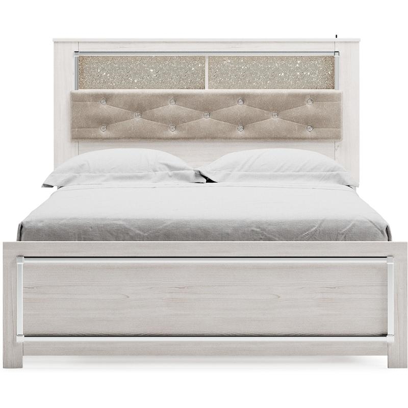 Ashley Furniture Altyra Queen Upholstered Bookcase Headboard in White/Light Gray