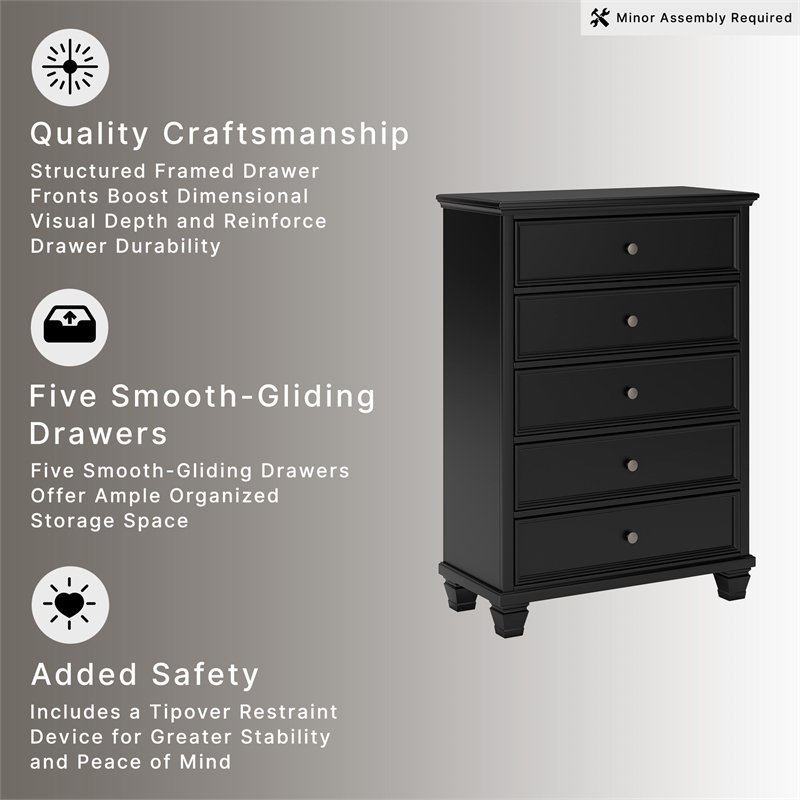 Ashley Furniture Lanolee Solid Wood 5-Drawers Bedroom Chest in Black