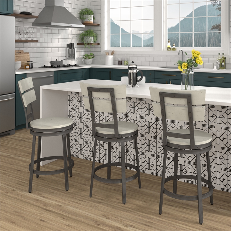 American Woodcrafters Colson Distressed White Metal Swivel Counter Barstool