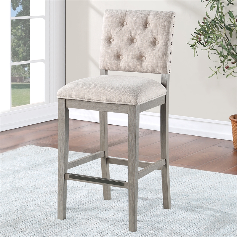 Ellesse Driftwood Gray Wood Frame Button Tufted Fabric Upholstered Bar Stool