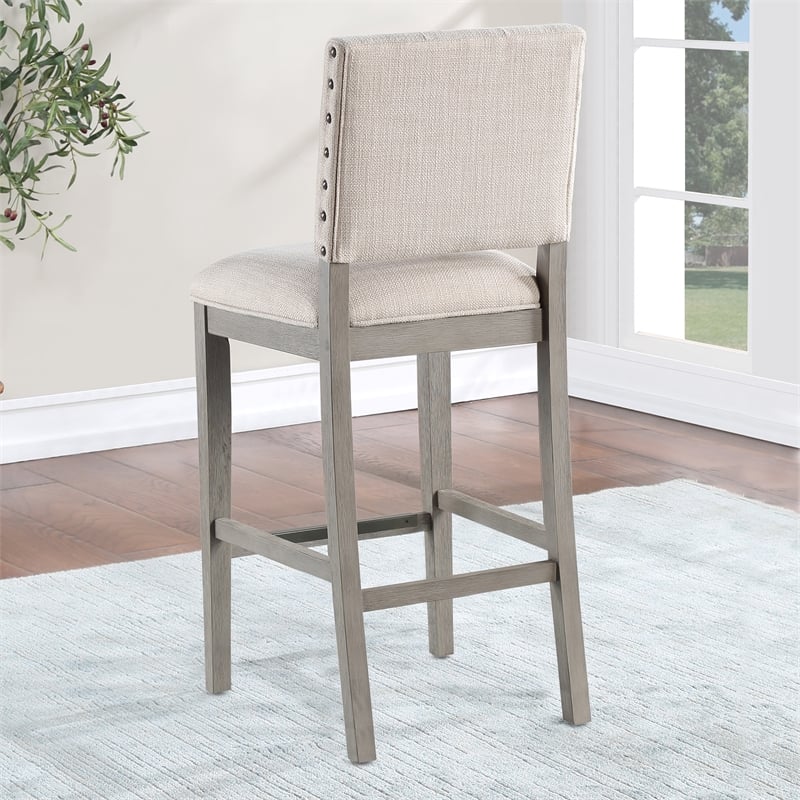 Ellesse Driftwood Gray Wood Frame Button Tufted Fabric Upholstered Bar Stool