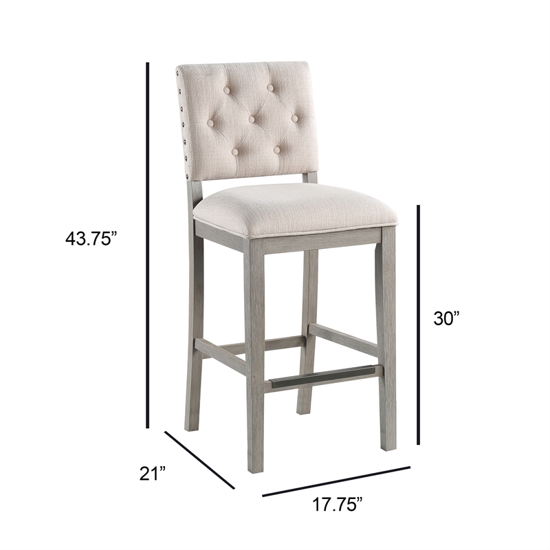 Ellesse Driftwood Gray Wood Frame Button Tufted Fabric Upholstered Bar Stool