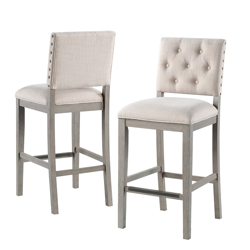 Ellesse Driftwood Gray Wood Frame Button Tufted Fabric Upholstered Bar Stool