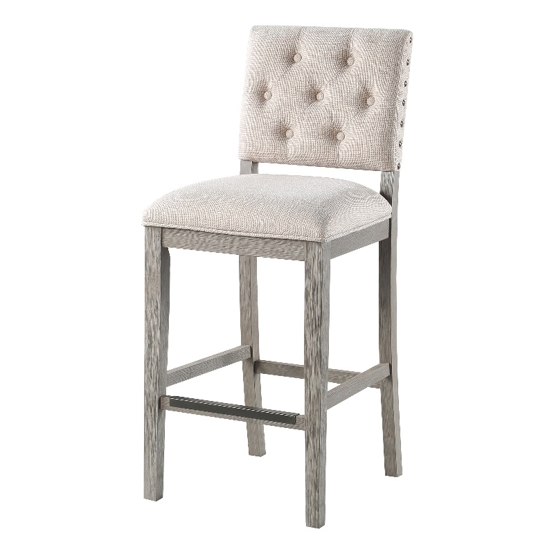 Ellesse Driftwood Gray Wood Frame Button Tufted Fabric Upholstered Bar Stool