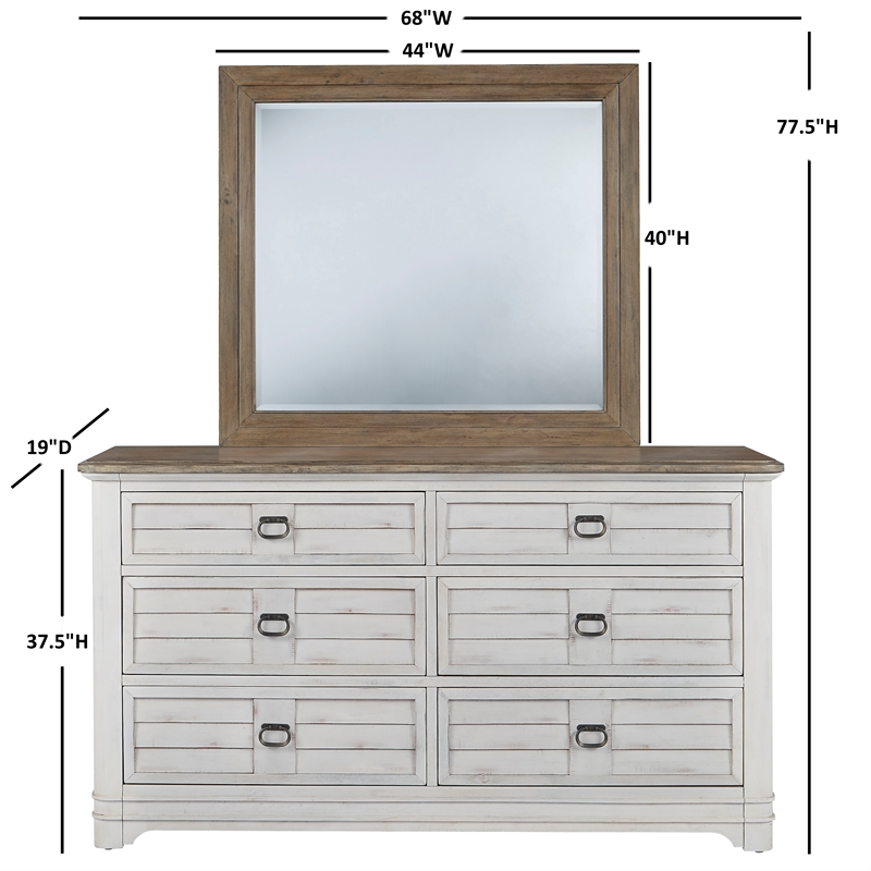 Meadowbrook White-Washed Wood Farmhouse 6-drawer Dresser and Mirror